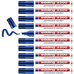 edding 3300 permanent marker - blauw - 10 stiften - beitelpunt 1-5 mm - sneldrogende permanent marker - water- en wrijfvast - voor karton, kunststof, hout, metaal - universele marker