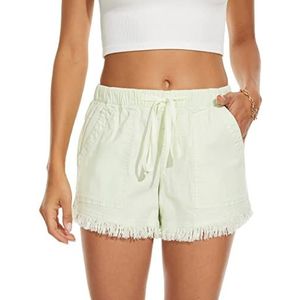 HVEPUO Katoen-linnen shorts voor dames, elastische tailleband, hotpants, zomerse wijde korte broek, F-lichtgroen, XXL