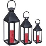 Relaxdays lantaarn set van 3, decoratieve kaarslantaarns, binnen en buiten, 3 groottes, glas & metaal, modern, zwart
