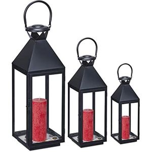 Relaxdays lantaarn windlicht - set van 3 - binnen - buiten - 3 groottes - glas - metaal - zwart