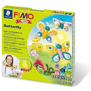 Staedtler 8034 10 LY Fimo kids vorm & play Set Butterfly (super zachte, ovenhardende kneed, eenvoudige handleiding, hersluitbare doos, set met 4 Fimo blokken, 1 modelleerstaaf en 1 speelachtergrond)