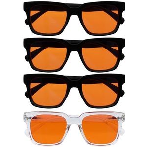 Opulize ERA slaapbril met 99,9% blauwlichtfilter Dames/Heren - Oranje Lenzen - Antireflectie & niet-verblindend - 4 Stuks - UV400 - Groot rechthoekig montuur - Nachtbril - Zwart Transparant
