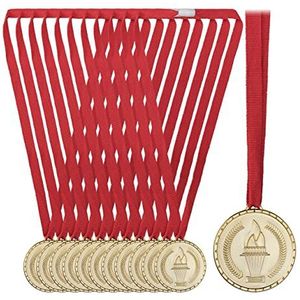 Relaxdays medailles voor kinderen, set van 12, Ø 5 cm, plastic, met lint, uitdeelcadeau, sportmedailles, prijzen, goud