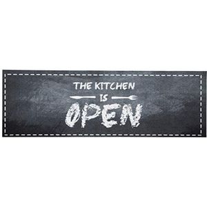 Zala Living Cook & Clean Loper – antislip tapijtloper plat weefsel, laagpolig tapijt, keukentapijt, wasbaar, The Kitchen is Open voor hal, keuken, woonkamer – zwart grijs, 50 x 150 cm