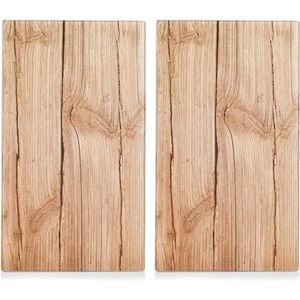 Set van 2 snijplanken in houtlook, afdekplaten voor kookplaten, van glaskeramiek met rubberen voetjes, 52 x 30 x 0,8 cm