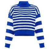 Libbi Dames gestreepte modieuze trui met opstaande kraag polyester blauw wit strepen maat M/L, Blauw wit strepen, M