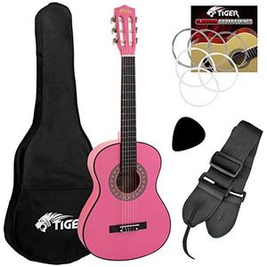 TIGER 1/4 size klassieke gitaar pack - beginners klassieke gitaar pakket met accessoires in roze