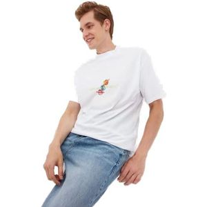 Trendyol Heren witte mannelijke regular fit 100% katoen steile kraag gedrukt korte mouwen T-shirt T-shirt, wit, klein