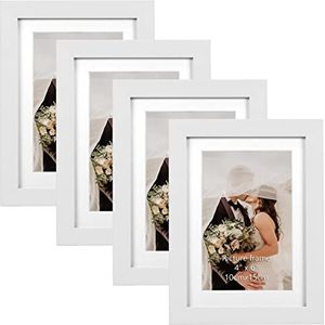 EXYGLO Fotolijst 10x15 cm set van 4 witte houtnerven voor 15x10 foto's met passe-partout of 13x18 zonder passe-partout, wand- of tafelstandaard