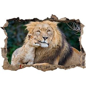 Pixxprint 3D_WD_S1936_62x42 knuffelende leeuw met kleine jong dier muurdoorbraak 3D muurtattoo, vinyl, kleurrijk, 62 x 42 x 0,02 cm