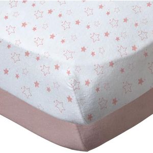 BabyCalin - Set van 2 hoeslakens, 70 x 140 x 17 cm, roze ster/eenkleurig, Öko-Tex-gecertificeerd