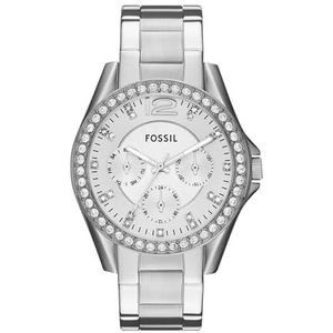 Fossil Riley horloge voor dames, chronograaf uurwerk met roestvrij stalen of leren band, Zilverkleurig en glitter