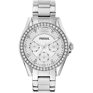 Fossil Riley horloge voor dames, chronograaf uurwerk met roestvrij stalen of leren band, Zilverkleurig en glitter