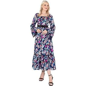 Lovedrobe Midaxi-jurk voor dames, lange klokmouwen, vierkante hals, empire, A-lijn, ruches, boho, bloemen, vloeiend voor bruiloftsgast, casual, Donkerblauw, 48