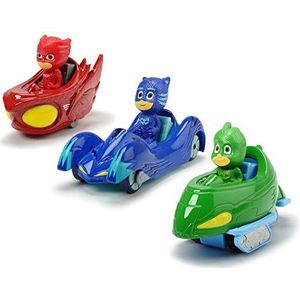 Dickie Toys PJ Masks 3-Pack Set Cars, Auto, Cadeauset bestaande uit: Cat-Car, Owl-Glider en Gekko-mobiel, 7 cm, vanaf 3 jaar, groen/blauw/rood