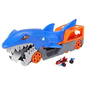 Hot Wheels Haaienoplegger Speelset met 1 auto (schaal 1:64) voor kinderen van 4 tot 8 jaar, Haaienbeet Transportwagen pakt auto's op met zijn kaken en bewaart er maximaal 5 in zijn buik, GVG36