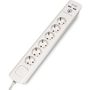 FeinTech Stekkerdoos met USB en platte stekker, 6-voudig meervoudige stekkerdoos met schakelaar, overspanningsbeveiliging en 1,5 m kabel, MD000632