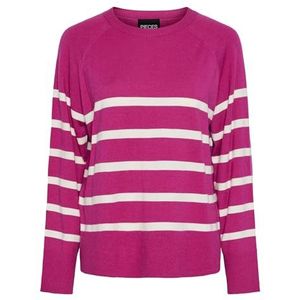 PIECES Dames Pcsia Ls Knit Noos Bc gebreide trui, Festival Fuchsia/Stripes: wit, XL