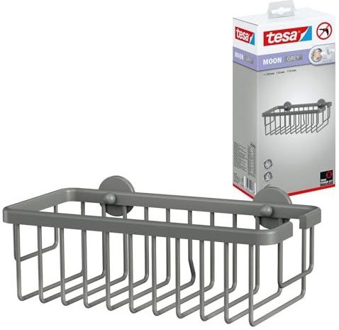 tesa MOON GREY Doucherek voor wandmontage zonder boren, mat grijs - éénlaags en extra diep - voor badkamers in industriële en moderne stijl - met kleefoplossing - 92 mm x 250 mm x 125 mm