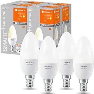 LEDVANCE Slimme LED-lamp met WiFi-technologie, E14-basis, Dimbaar, Warm wit (2700 K), vervangt gloeilampen van 40 W, SMART+ WiFi Candle Dimmable, 4-pak