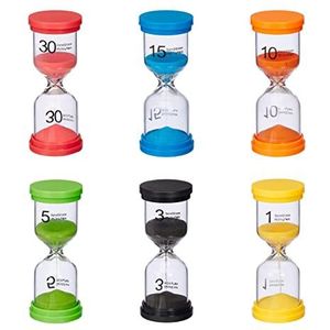 Relaxdays zandloper set - 6-delig - 6 looptijden - 11x4,5 cm - bordspelletjes - timer kunststof & glas