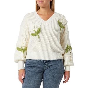 faina Dames driedimensionale gebreide trui met V-hals en bloemenhaken zwart maat M/L pullover sweater, wolwit, M