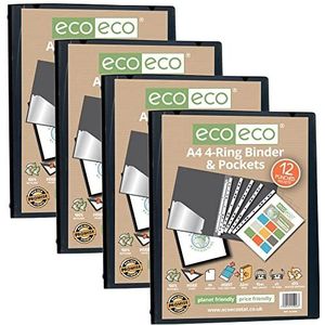 eco-eco A4 65% gerecycleerde presentatie 4 O-ringband met 12 Multi geperforeerde zakken, 22mm rug, Pack van 4 zwart, eco046x4