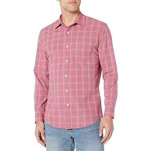 Amazon Essentials Men's Casual poplin overhemd met normale pasvorm en lange mouwen, Blauw Gewassen rood Plaid, XS