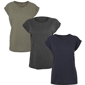 Build Your Brand Dames T-Shirt Multipack Ladies Extended Shoulder Tee 3-pack verkrijgbaar in vele kleurvarianten, maten XS - 5XL, Cha/Oli/Nvy, 3XL
