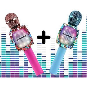 DYNASONIC Karaoke microfoon voor kinderen, draadloze Bluetooth-microfoon Karaoke met LED-verlichting, speelgoed voor kinderen draagbare partij Karaoke (Pack blauw-roze)