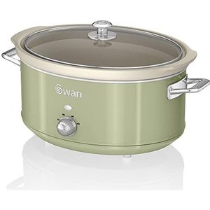 Swan Retro SF17031GNEU Kookpan, 6,5 l, afneembare container, anti-aanbaklaag, keramiek, PFOA en PTFE, 3 temperatuurniveaus, glazen deksel, slowcooker, vintage design, groen, 320 W