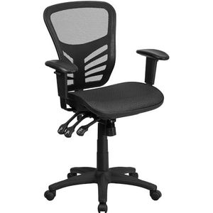 Flash Furniture Bureaustoel met middelhoge rugleuning, ergonomische bureaustoel met verstelbare armleuningen en netstof, perfect voor thuiskantoor of kantoor, zwart