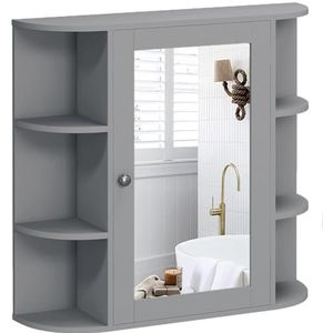 BAKAJI Hangende badkamerkast met spiegel, steenlijn, wandkast met 1 extra ruime deuren, wandspiegel boven wastafel, grijs, van MDF-hout, 63 x 66 x 16,5 cm