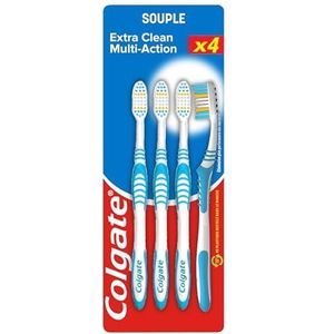 COLGATE - Extra Clean Multi Action Zachte Tandenborstel - Anti-Vlek Circulaire Strengen - Tong & Wangreiniger - Set van 4 Borstels