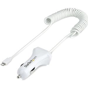 StarTech.com USB Autolader met 1m Lightning Spiraalkabel, 12W, Wit, 2 Port USB Tablet en Telefoon Oplader, Dubbele USB Car Charger, iPhone/iPad Autolader, USB Snellader Auto (USBLT2PCARW2)