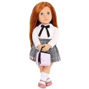 Our Generation Carly Student pop, 46 cm mobiele pop met kleding en accessoires, roze trui, rok en halve sokken, speelgoed vanaf 3 jaar