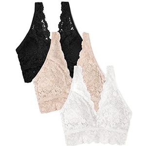 Smart & Sexy Women's Signature Lace Deep V Neck Wireless Bralette, Bralettes For Women With Support, Bralettes and Bralette Pack In the Buff/White/Black XL