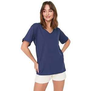 Trendyol Dames Basic Oversized Basic T-shirt met V-hals, marineblauw, XL