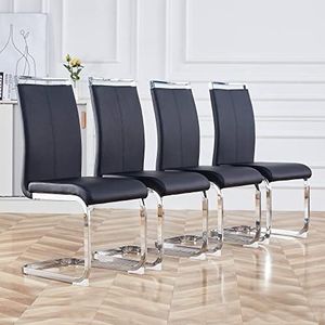 Merax Eetkamerstoelen, set van 4, cantilever schommelstoel met PU-kunstleer en hoge rugleuning, moderne keukenstoel, metalen frame, gestoffeerde stoel voor woonkamer, vergaderruimte, zwart