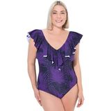 Ulla Popken - Badpak - Violetblauw/Zwart - Soft Cup - Bloemenprint