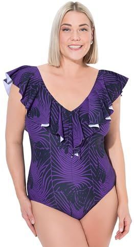 Ulla Popken - Badpak - Violetblauw/Zwart - Soft Cup - Bloemenprint