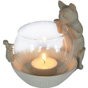 Happy-House Theelichthouder, theelichthouder met kat en glas, binnensfeer, verlichting, geschenkartikelen, beige/grijs met glas, afmetingen 14 x 11 x 12 cm