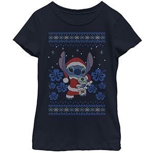 Disney Lilo & Stitch Holiday Stitch Girl's Solid Crew Tee, Navy Blue, XS, Navy, XS