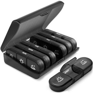 KOOSREEL Wekelijkse pillendoos voor ochtend, middag en avond, medicijnpillendoos voor 7 dagen, 21 vakken, grote capaciteit voor zak, vitamines, supplementen en medicijnen, zwart