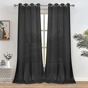Melodieux Gordijnen zwart transparant linnen look gordijnen met ogen voor woonkamer slaapkamer set van 2 260x140cm