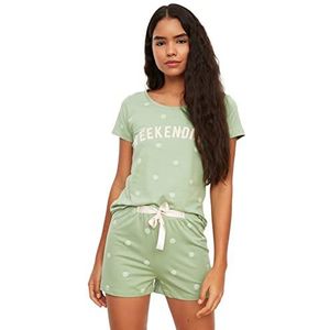 Trendyol Vrouwen Met Slogan Geweven T-shirt-Broek Pyjama Set, Munt, L
