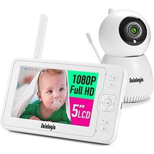 Sainlogic Video Babyfoon met Camera, 1080P FHD 5 Inch LCD Display, Dag en Nachtzicht, 140 m Bereik, Groothoeklens, met Alarmfunctie, Temperatuursensor (Parelwit)