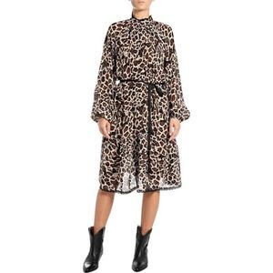 Replay Dames midi-jurk van viscose, 010 bruin/zwart/zand, XS