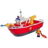 Simba 109252580 - Brandweerman Sam brandweerboot titanium, 32 cm, drijvend speelgoedschip, vanaf 3 jaar, bespeelbaar aan land en in het water, badspeelgoed met waterkanonnen en figuur