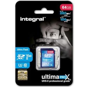 Integral 64GB UHS-II SD-kaart v60 tot 280 MB/s lees- en 100MB/s schrijfsnelheid SDXC Professional High Speed geheugenkaart